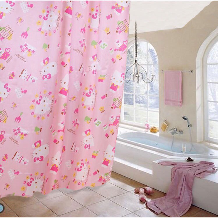 Màn Treo Nhà Tắm Satin ( 1m8x2m) Mẫu kitty + bướm xanh