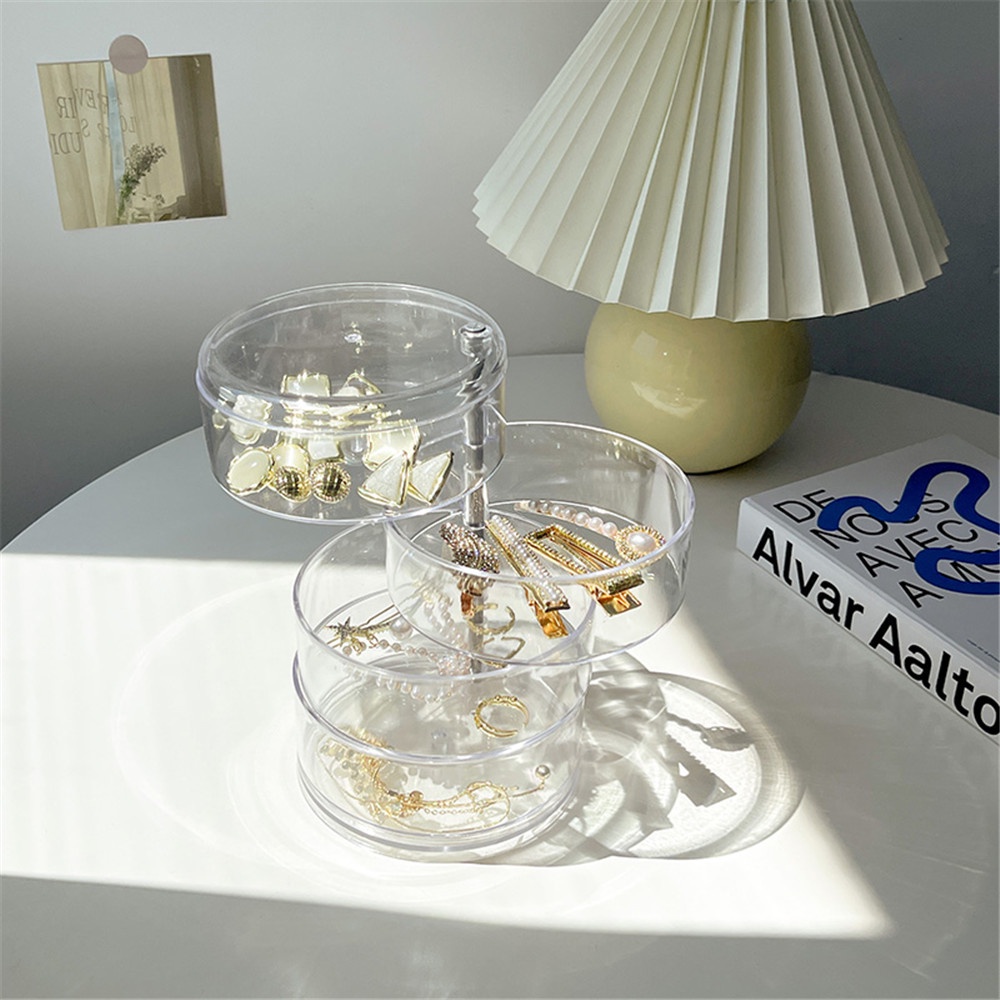 Hộp Đựng Trang Sức Trong Suốt Bốn Tầng Dạng Xoay Chống Bụi Để Bàn