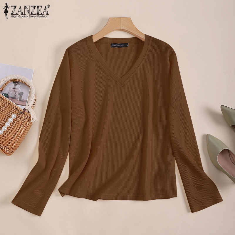 Áo len ZANZEA dài tay cổ chữ v thời trang đường phố cho nữ