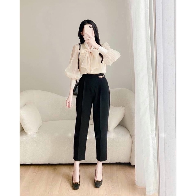 Sơ mi dài tay cổ nơ phong cách Hàn Quốc sơ mi mặc đi làm đi chơi mặc trong vest A11