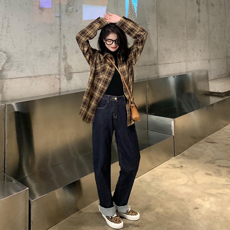 SUXI Áo Sơ Mi Caro Dài Tay Phong Cách Vintage Cho Nữ