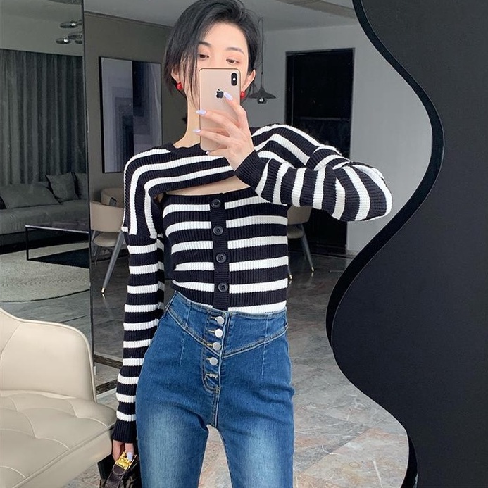 【ZHELIHANGFEI】Set Áo Hai Dây Dệt Kim Kẻ Sọc Phối Khăn Choàng Thời Trang Quyến Rũ Cho Nữ