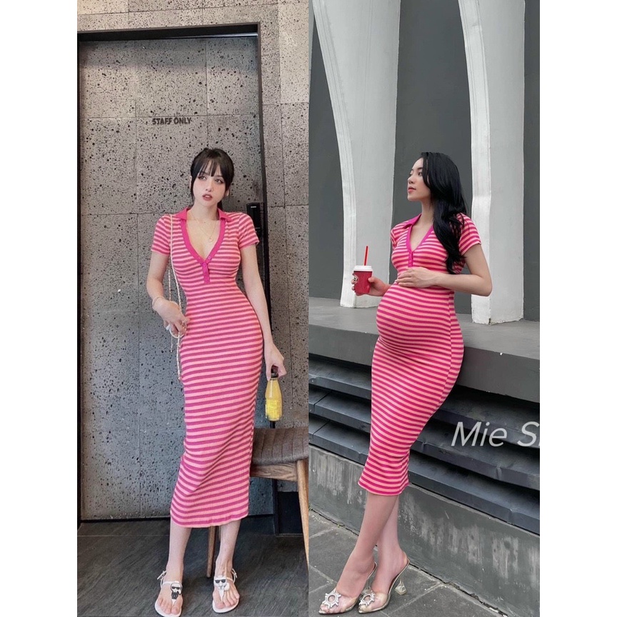 Đầm body cổ trụ V phôi nút tay ngắn chất thun gân - BẦU BÍ BON CHEN XINH LẮM NHA