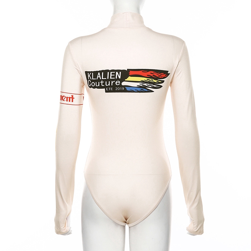 Xia COD Modou Fashion Graphic Print Slim Bodysuit Women Long Sleeve Turtleneck Rompers