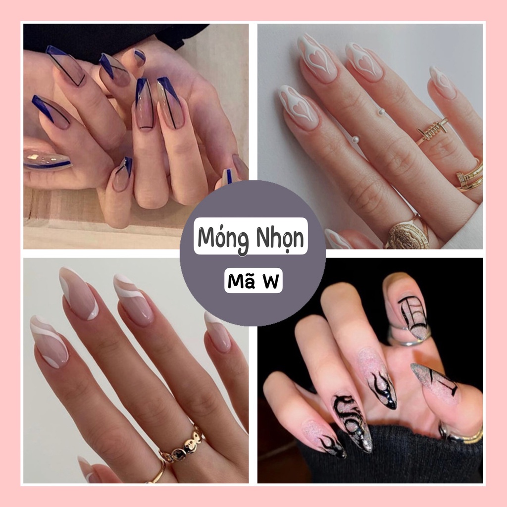 Set 24 Móng Tay Móng Tay Giả Nail Box Mã W Nghệ Thuật 3D Tái Sử Dụng, Tặng Kèm Keo Dán.