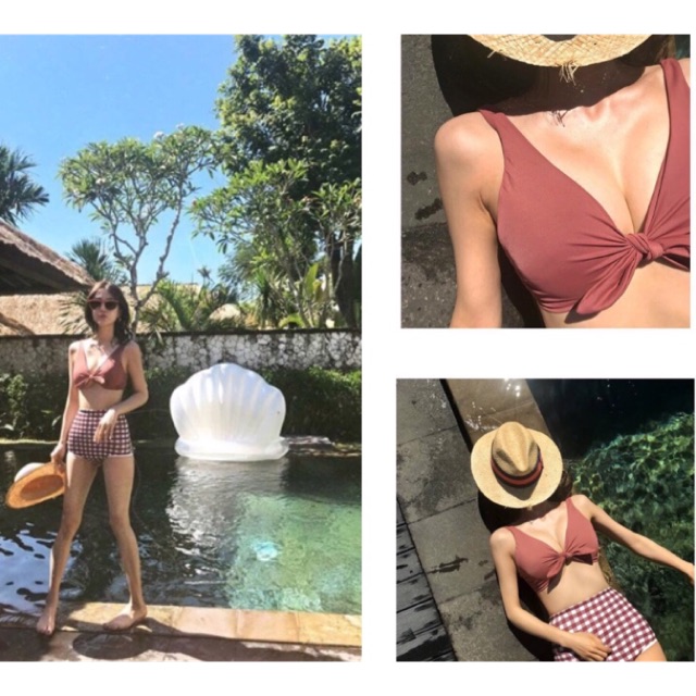[BKN113] &lt;HÀN&gt; SET BIKINI ĐỎ NƠ NGỰC QUẦN CARO KIỂU HÀN (CẠP CAO)
