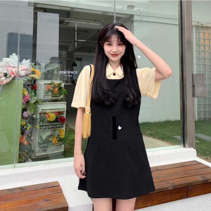 COZOKC Set trang phục áo thun polo tay ngắn và đầm hai dây dài thiết kế xẻ tà phong cách Hàn Quốc thời trang cho nữ