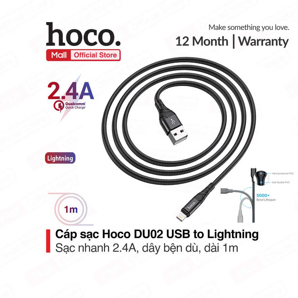 Cáp sạc Hoco DU02 USB to Lightning sạc nhanh 2.4A, dây bền dù chống đứt, dài 100cm