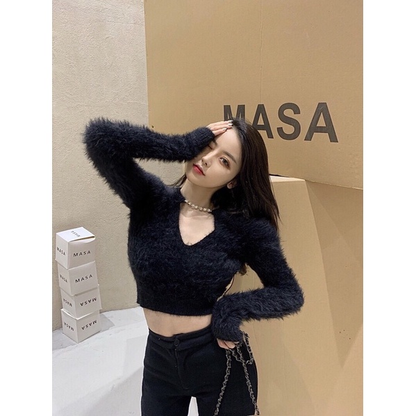 ✨💕Áo croptop lông tay dài kèm phụ kiện siêu xinh💕