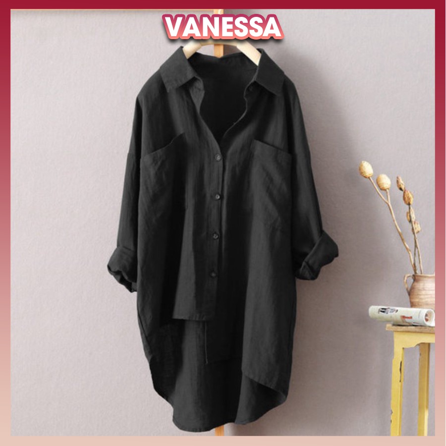 Áo sơ mi nữ dài tay form rộng tà lệch dáng dài Vanessa Stylish chất liệu đũi tơ mềm mát SMH.31