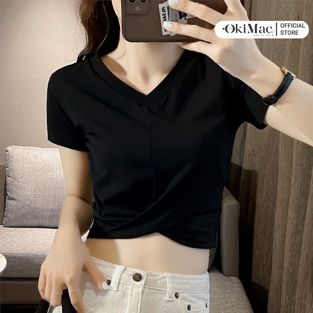 Áo croptop nữ cổ tim chữ v tay ngắn kiểu ôm body xoắn eo thun cotton phong cách ulzzang thời trang nữ OKIMAC | BigBuy360 - bigbuy360.vn