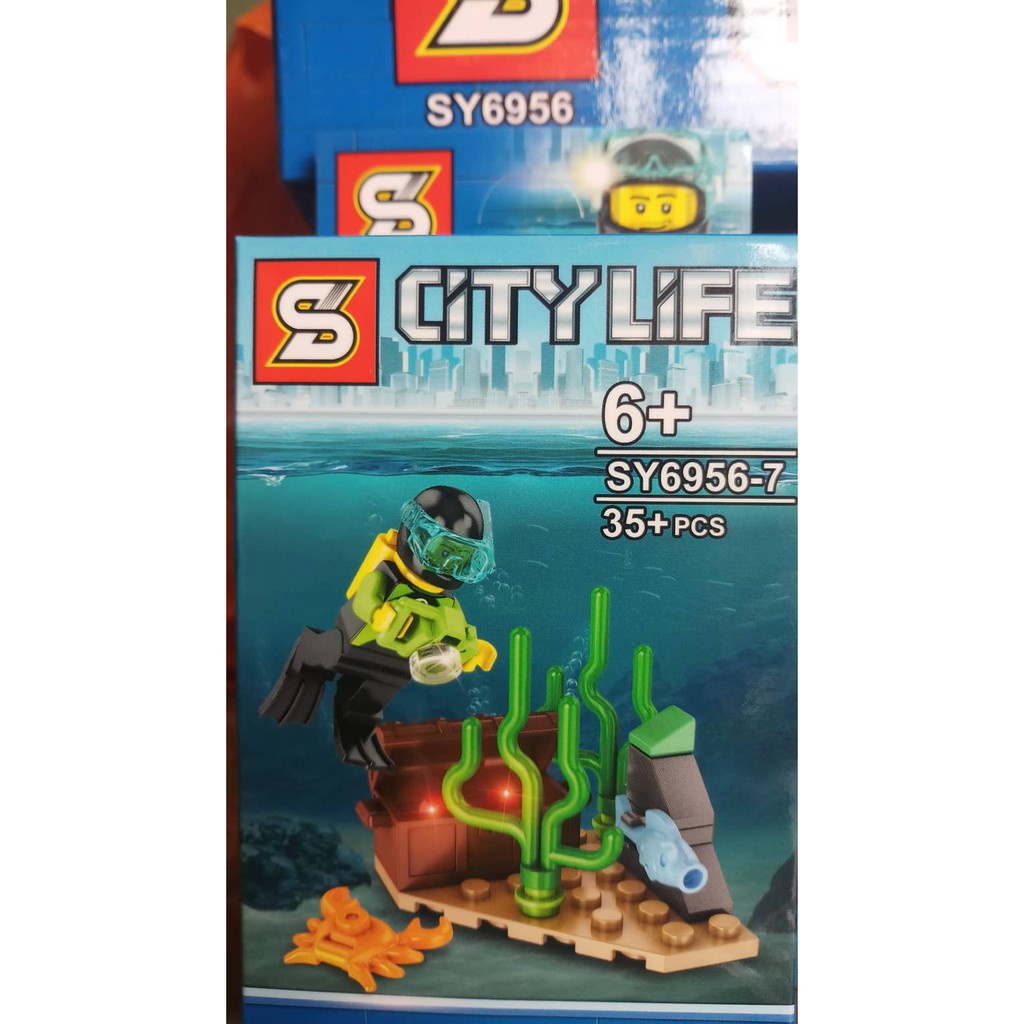 Đồ chơi lắp ráp non lego city minifigures người cây xe bán kem, trượt tuyết, lính cứu hỏa, thợ lặn SY6956 trọn bộ 8 hộp.