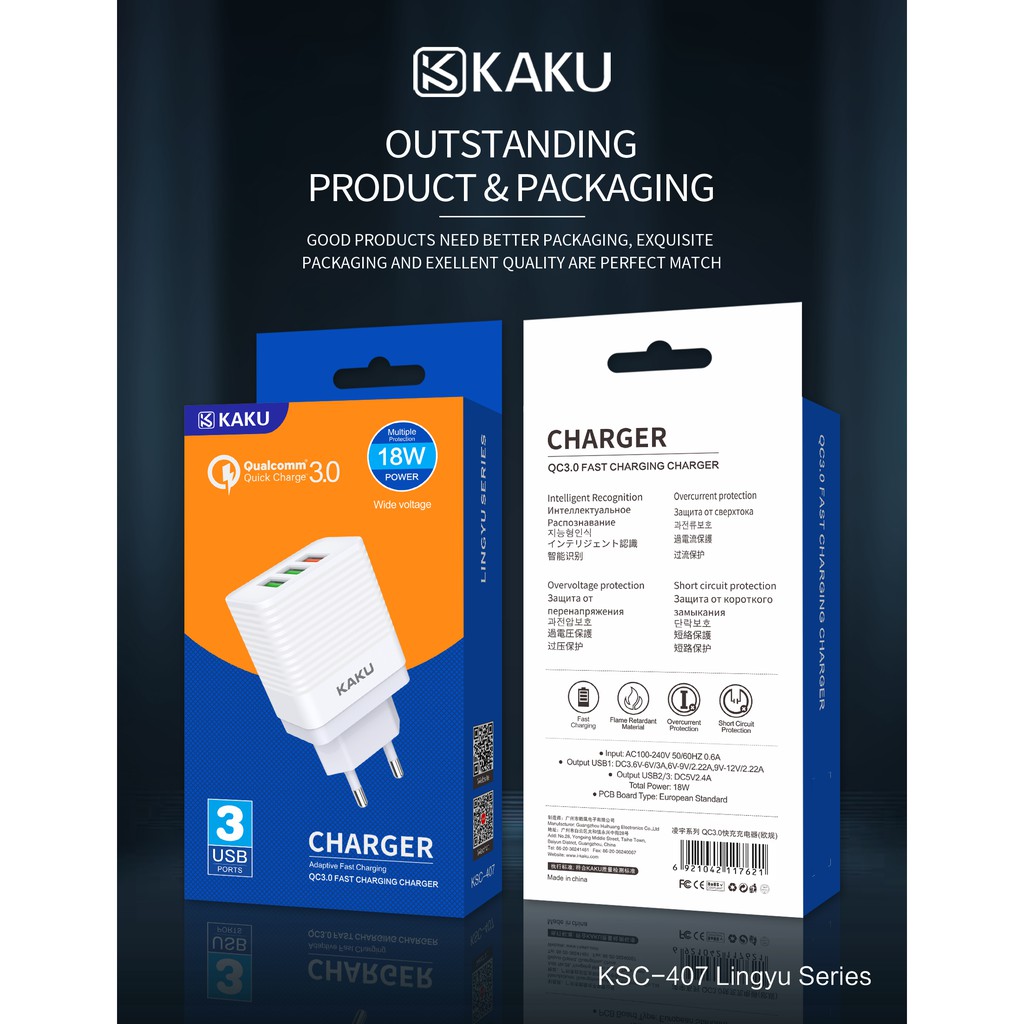 Củ sạc chính hãng KAKU 3 cổng usb ⭐ FREE SHIP ⭐mã Ksc - 407