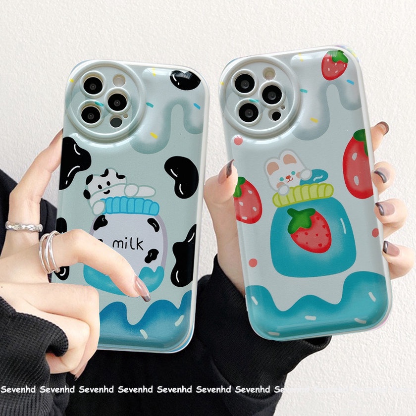 Ốp Điện Thoại Mềm Hình Dâu Tây / Thỏ Mắt To Có Đệm Khí Cho iPhone 14 13 12 11 Pro Max X XR Xs Max 8 7 6 6s Plus SE 2020
