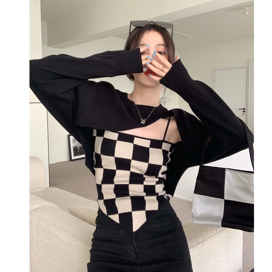 HUANG YOYO Set áo dây + áo khoác cardigan thời trang nữ tính
