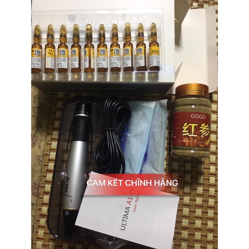 COMBO cấy hồng sâm trắng da 1máy dr pen bạc, 1 hồng sâm gogo, 1vỉ vtm C Hàn, 2 đầu nano