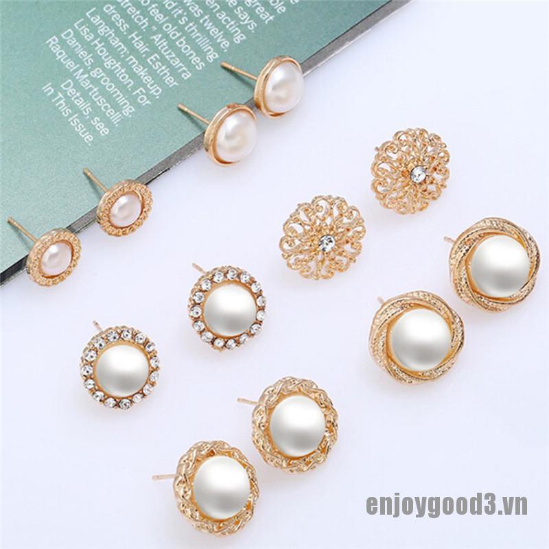 <enjoy3> 6 Pairs Elegant Crystal Rhinestone Diamond Pearl Sign Ears Tiny Studs Earrings