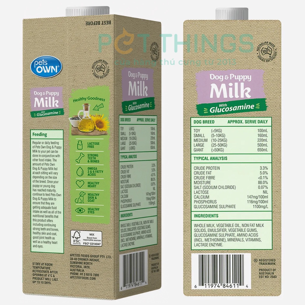 Sữa pha sẵn cho chó mèo Pets Own bổ sung Glucosamine hộp 1 Lít