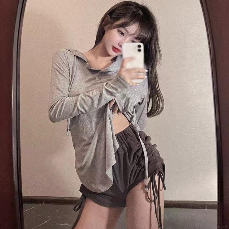 Quần Short Thể Thao Lưng Cao Co Giãn Màu Sắc Đơn Giản Phong Cách Hàn Quốc Cho Nữ