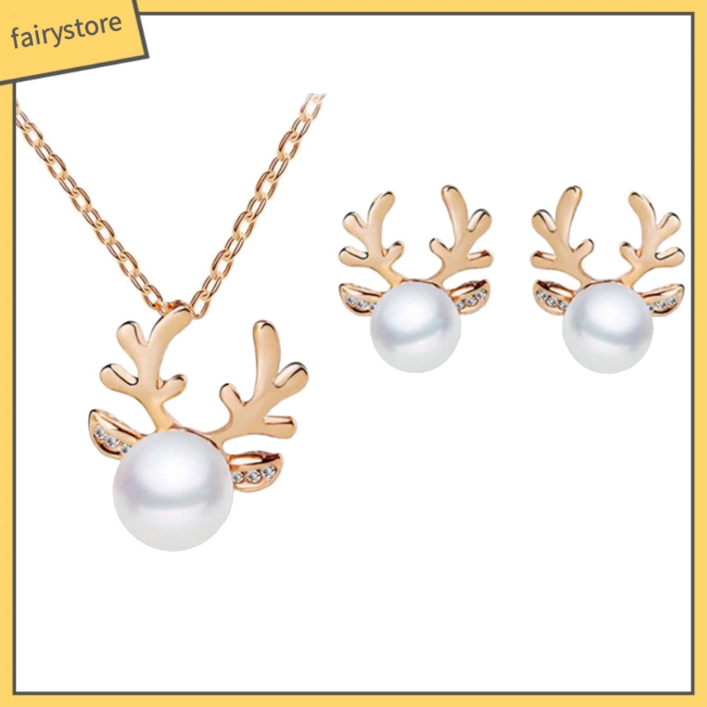 Bộ Dây Chuyền + Bông Tai Hình Sừng Hươu Đính Ngọc Trai Giả Cho Nữ