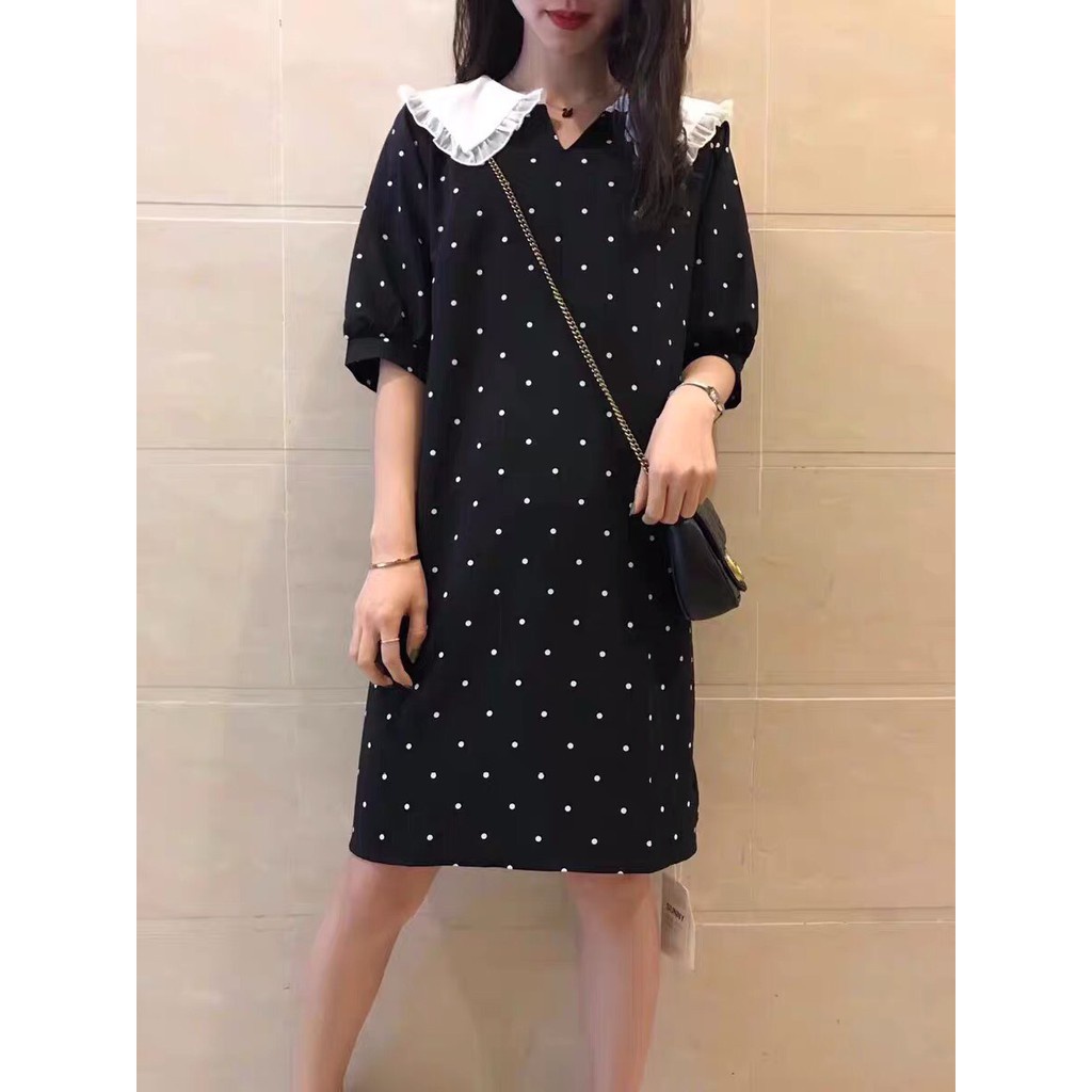 VÁY CHẤM BI ĐEN CỔ BÈO - ĐẦM SUÔNG CHẤM BI CỔ V ULZZANG