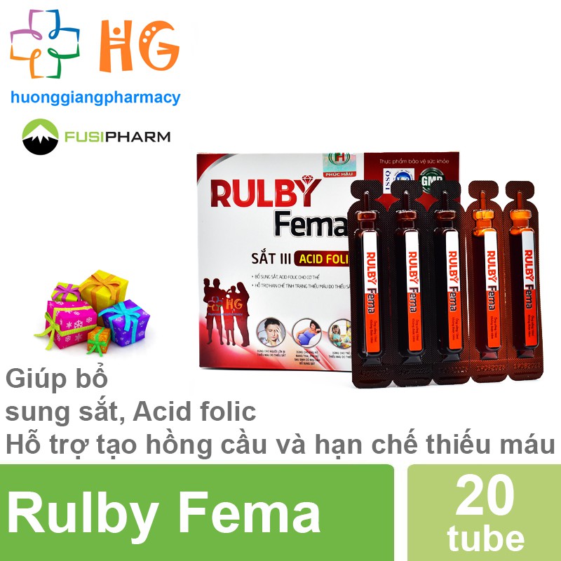 Rulby Fema - Giúp bổ sung sắt, Acid folic Hỗ trợ tạo hồng cầu và hạn chế thiếu máu (Hộp 20 ống)