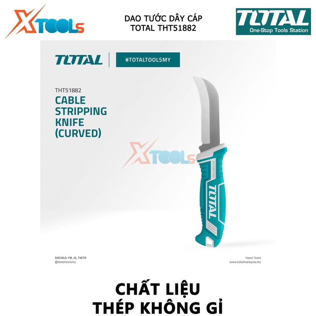 Dao tước dây cáp lưỡi cong TOTAL THT51882 | dụng cụ tuốt dây điện Kích thước 200mm, Chất liệu thép không gỉ, Có nắp vỏ n