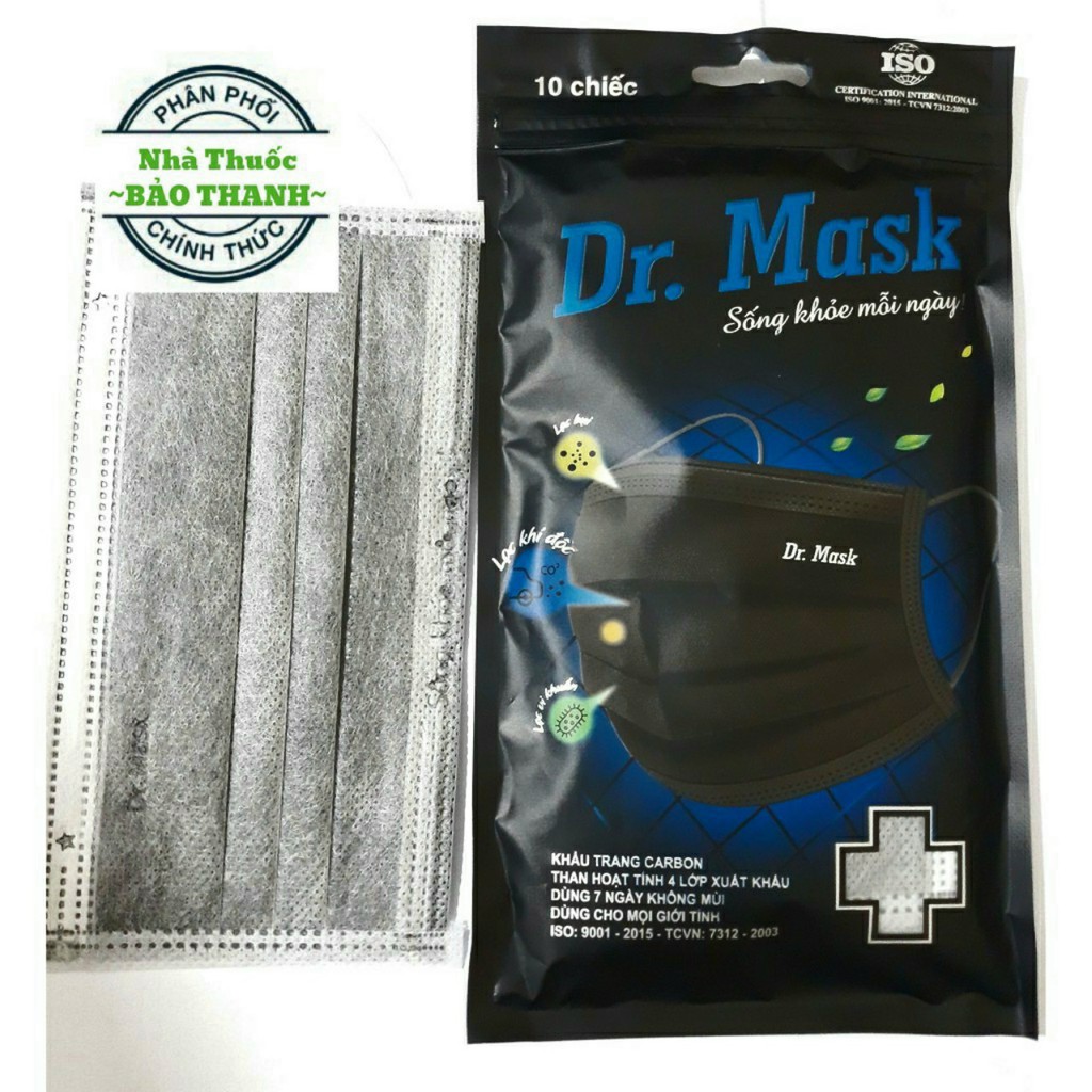 khẩu trang 4 LỚP THAN HOẠT TÍNH DR MASK ( 1 túi có 10 chiếc - 1 CHIẾC TÁI SỬ DỤNG ĐƯỢC 7 LẦN )