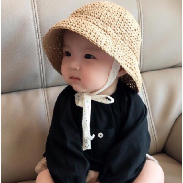 Mũ cói đáng yêu cho bé, mũ chống nắng rộng vành kèm dây thắt nơ thoáng khí thấm mồ hôi cho bé