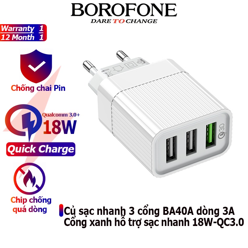 Củ sạc nhanh 18W-QC3.0 BOROFONE BA40A gồm 3 cổng USB dòng 3A - Chính hãng