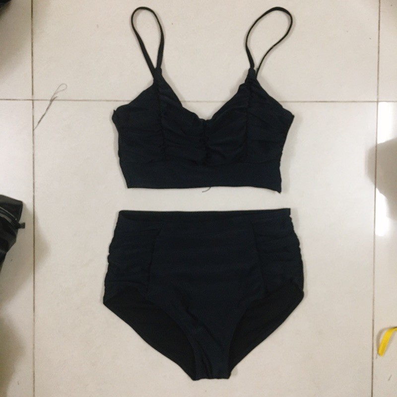 [HÀNG QUẢNG CHÂU] Bikini 2 mảnh lưng cao màu đen áo nhún ngực cá tính | BigBuy360 - bigbuy360.vn