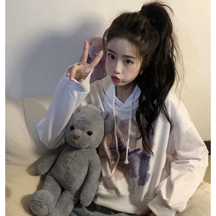 SUXI Áo Hoodie Tay Dài In Chữ Trẻ Trung Cho Nữ