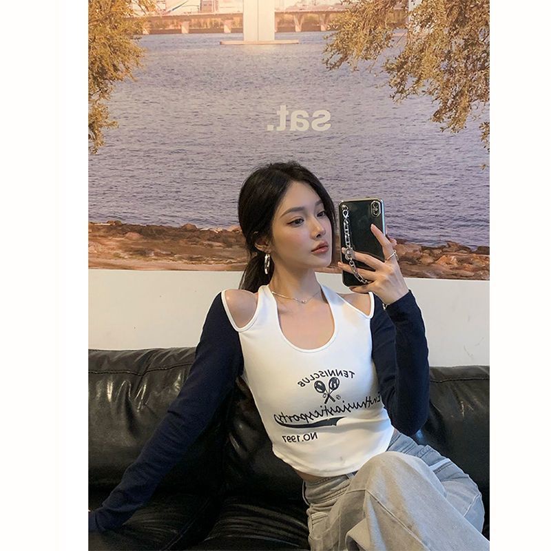 Áo Croptop Trễ Vai Tay Dài In Họa Tiết Màu Tương Phản Thời Trang Cho Nữ COZOK