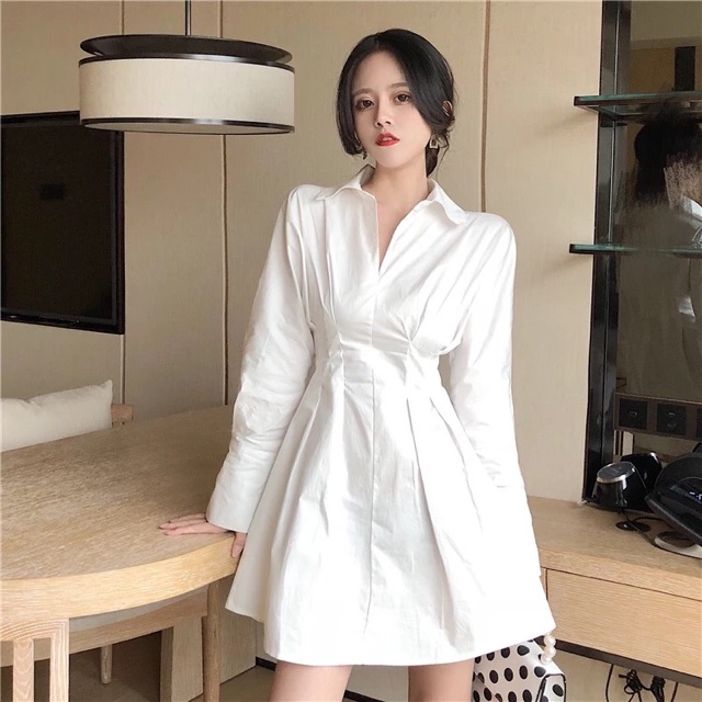 Váy sơ mi chiết eo dáng xoè mặc được hai kiểu