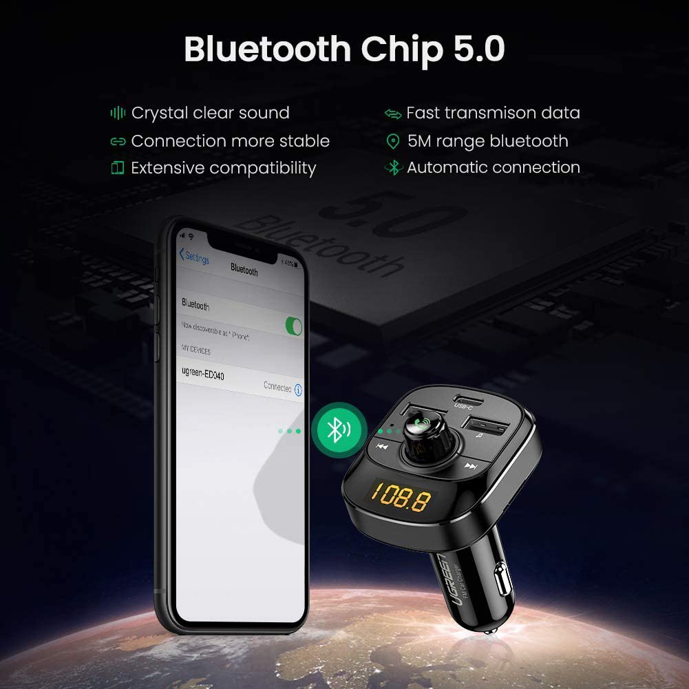 Bộ phát đa năng FM Bluetooth 5.0, sạc nhanh PD, USB 2.0, thẻ TF, ổ đĩa Flash USB, đèn LED dùng trên xe hơi UGREEN ED040