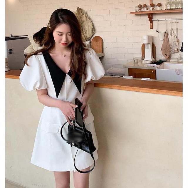 VÁY DÁNG CHỮ A CỔ NHỌN - ĐẦM DỰ TIỆC TAY BỒNG - CHẤT MÁT, HAI MÀU ĐEN-TRẮNG  V-CN | BigBuy360 - bigbuy360.vn