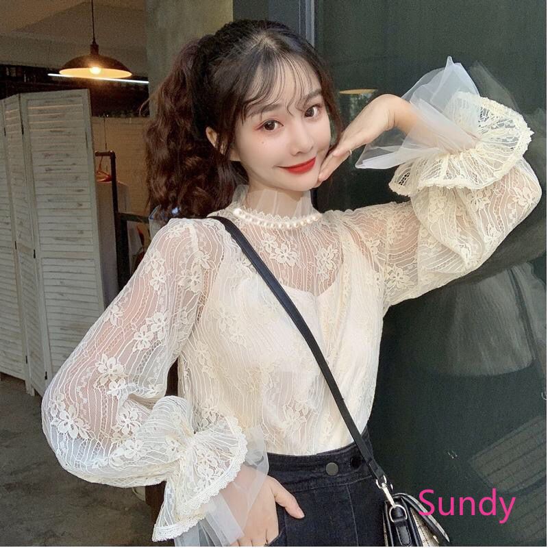 Áo Sơ Mi Tay Dài Dáng Rộng Phối Ren Thời Trang Retro Hàn Quốc Cho Nữ