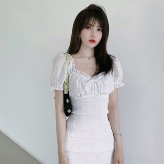 (Sẵn) Váy trắng tiểu thư body tay bồng / Đầm trắng thắt nơ ngực sexy