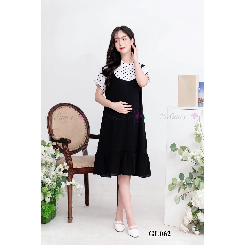 ĐẦM BẦU CÔNG SỞ MUM'S SHOP  FREESHIP  Váy bầu xinh mùa hè voan đen chấm bi cổ tàu