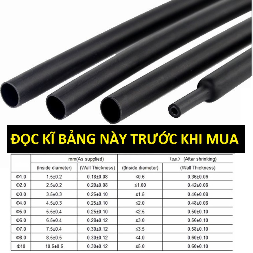 [1 mét] Ống dây gen co nhiệt cách điện màu đen đủ kích thước từ 1-2-3-4-5-6-7-8-9-10mm