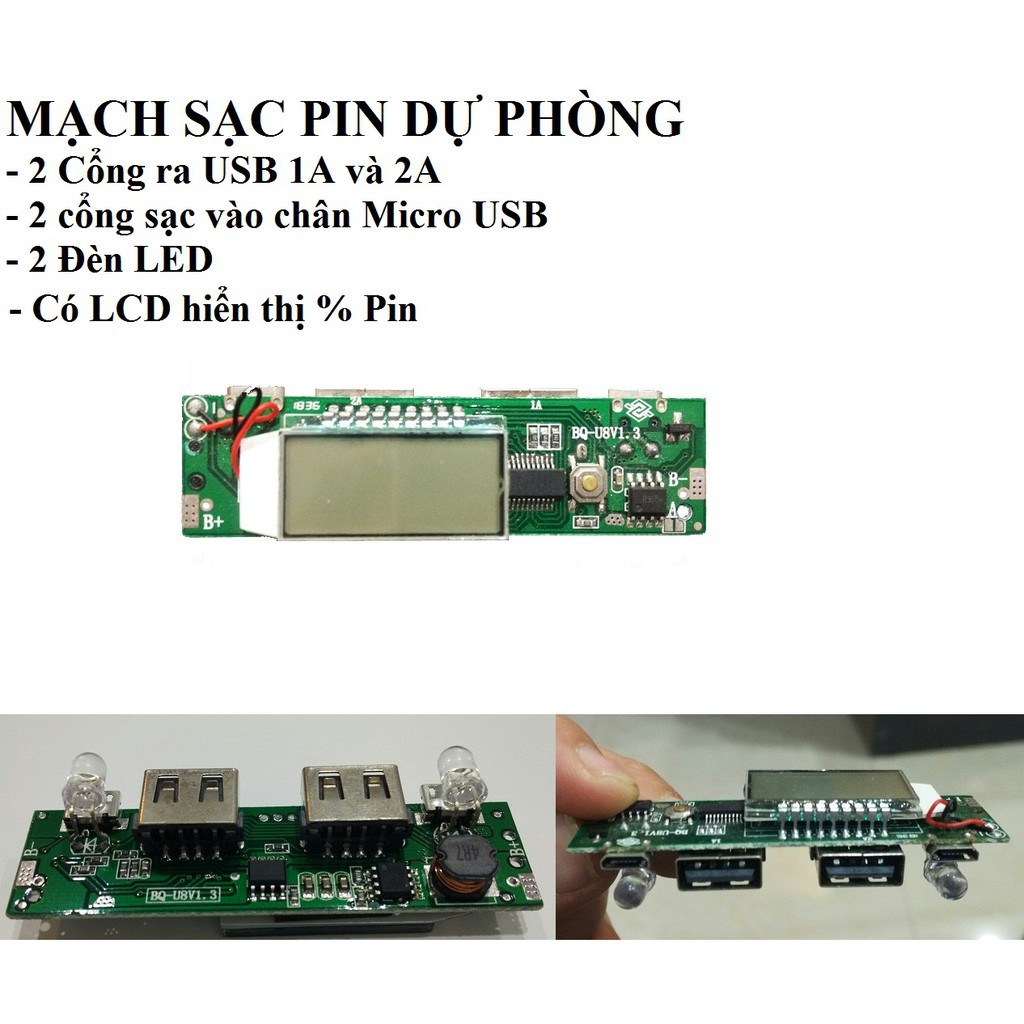 Mạch sạc dự phòng pin 18650,Mạch sạc dự phòng 2A 2 cổng ra có LCD hiển thị dòng sạc và % pin mã BQ-U8V1.3(4 IC)