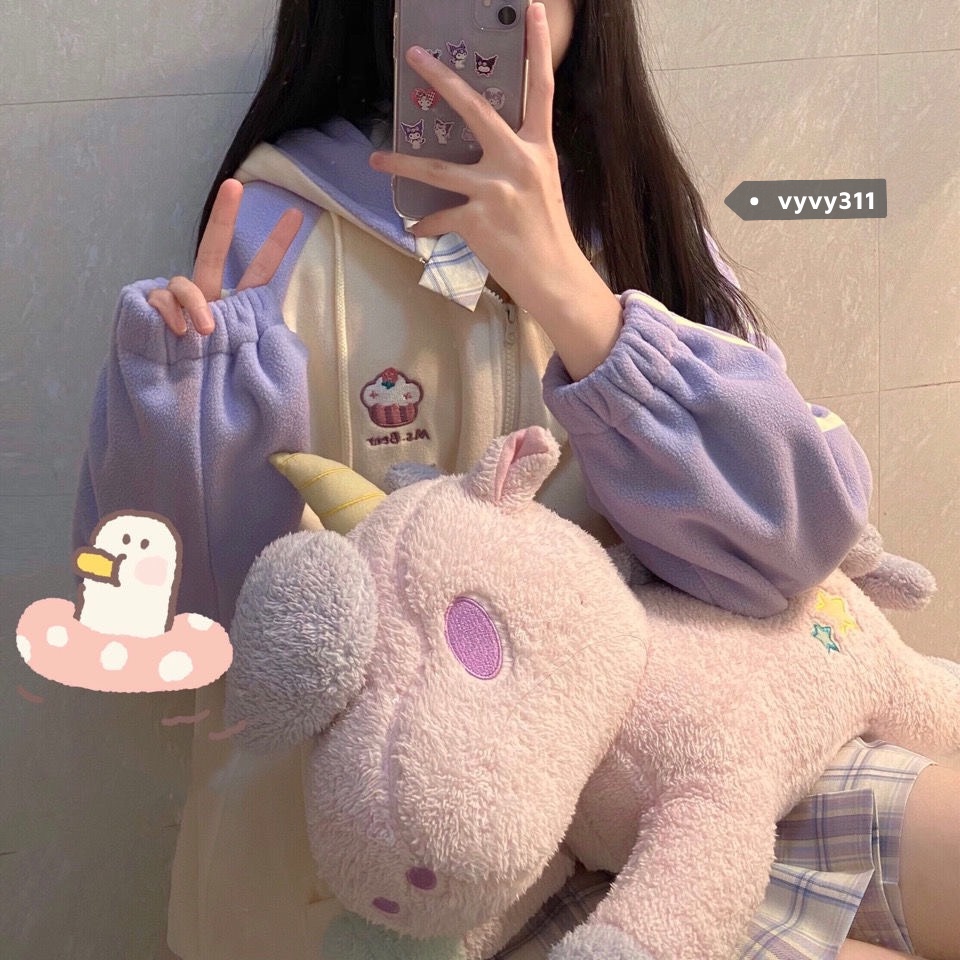 Áo khoác nữ phối màu hình thêu dáng rộng chất nỉ dày dặn mẫu mới phong cách Ulzzang