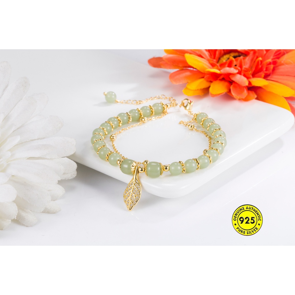 Vòng Tay Chuỗi Đôi Phối Đá Ngọc Bích Thiết Kế Cao Cấp Không Thấm Nước Phong Cách Retro Thanh Lịch