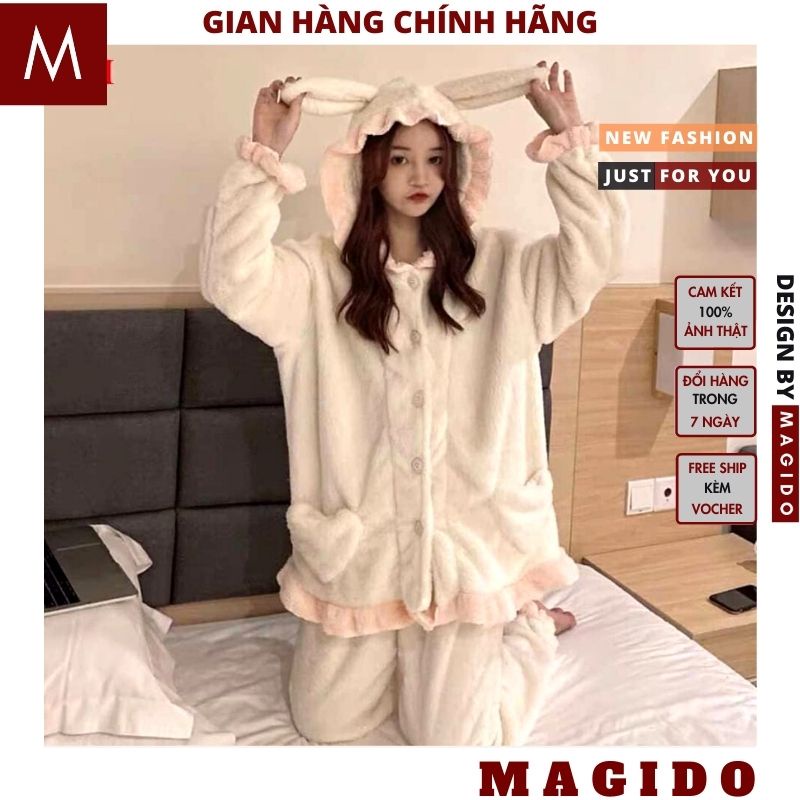 bộ ngủ lông 💚bộ lông mặc ngủ mùa đông -tai thỏ viền bèo hồng trắng, phong cách ulzzang, vintage CUTE MAGIDO | BigBuy360 - bigbuy360.vn
