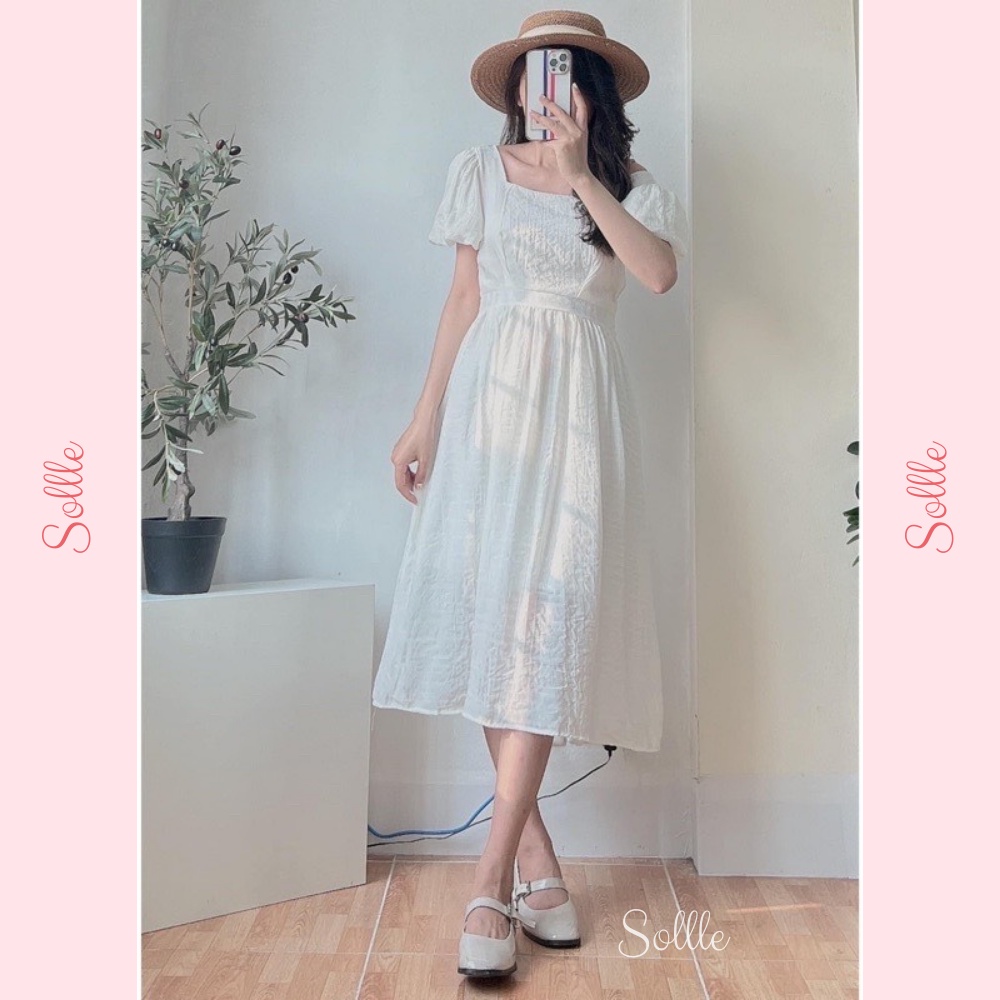 𝑿𝒂̉ 𝒌𝒉𝒐 - Đầm babydoll váy đũi cổ vuông tay bồng thắt nơ eo nhiều màu Sollle