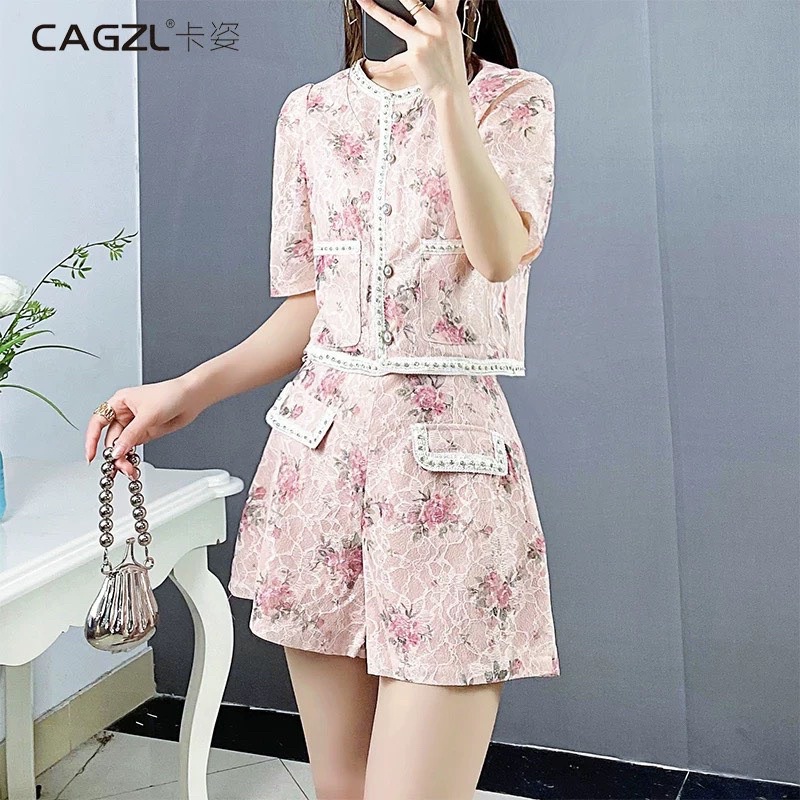 SET ÁO HOA HỒNG VIỀN HẠT + QUẦN SHORT VIỀN