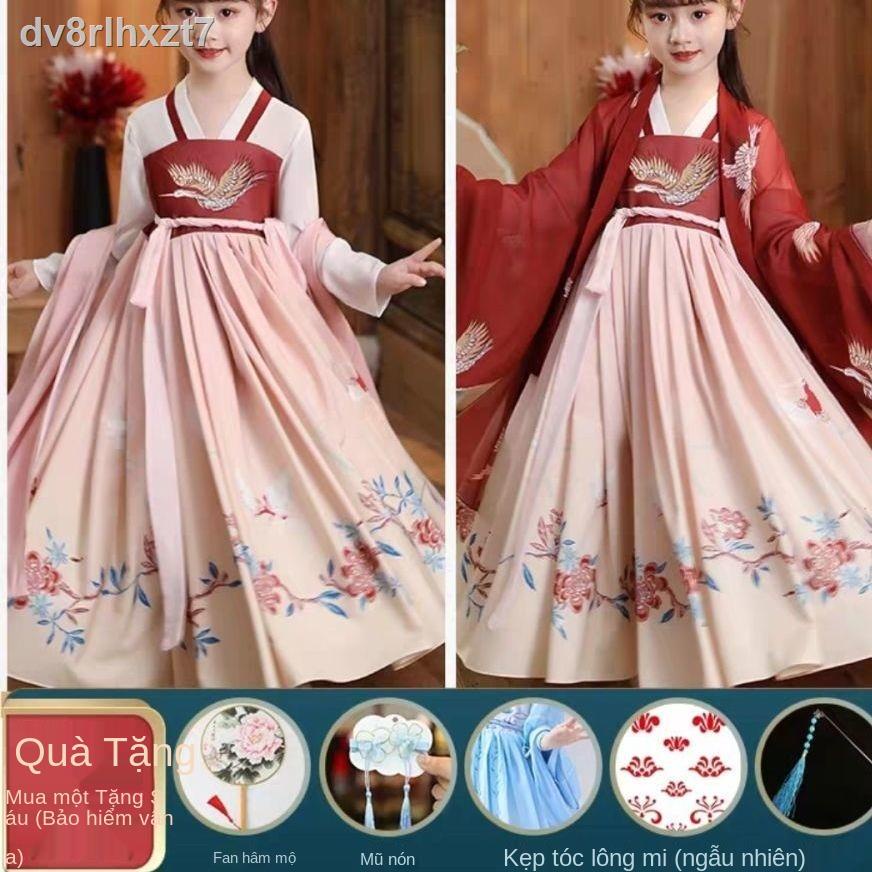 ℡❁Trẻ em mùa xuân và hè Cô gái Hanfu Phong cách Trung Quốc cổ đại tích mặc váy dưới màu đỏ Tang phù hợp với học sinh