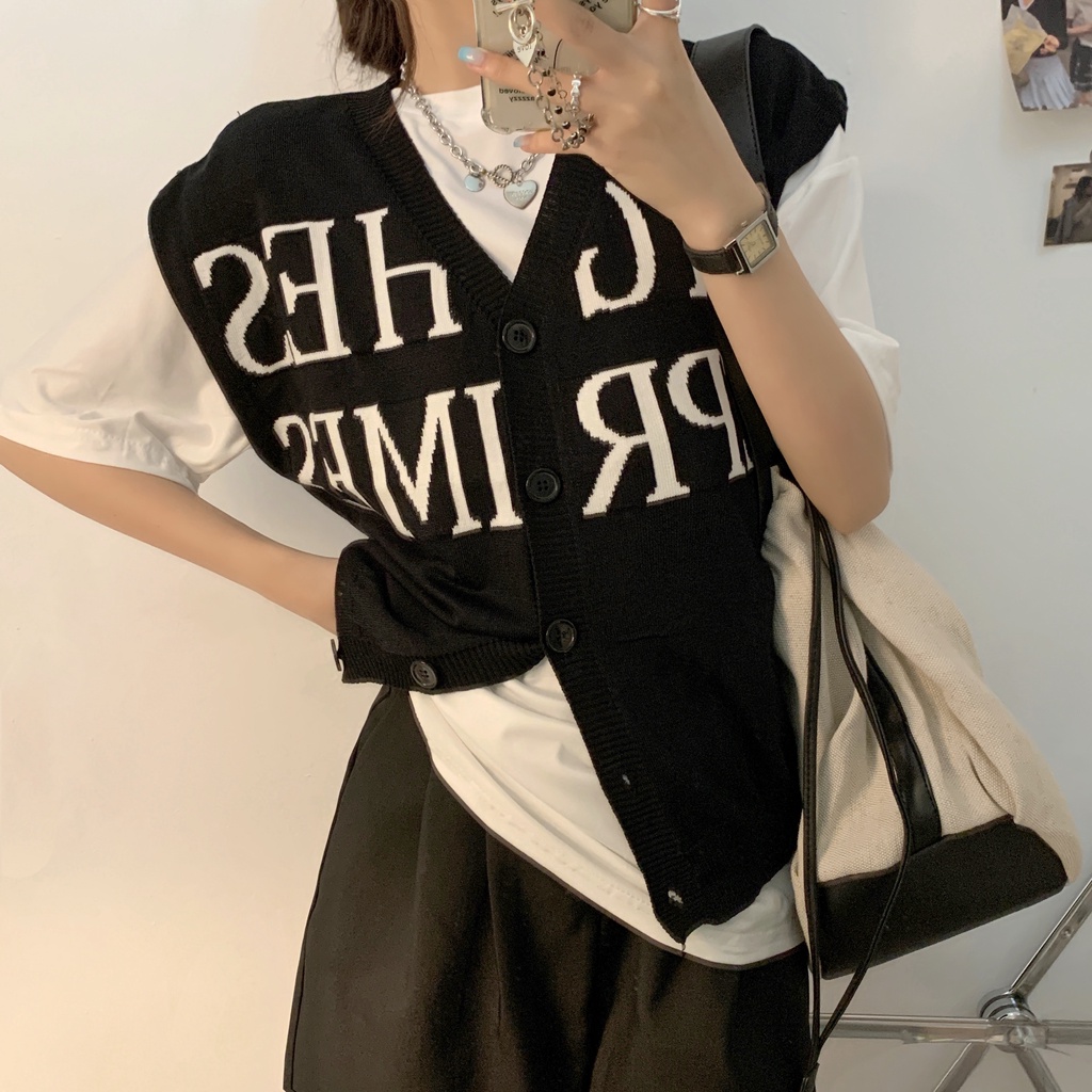 Áo dệt kim SUXI sát nách dáng rộng cổ chữ V in chữ phong cách Hàn Quốc thời trang mùa hè cho nữ