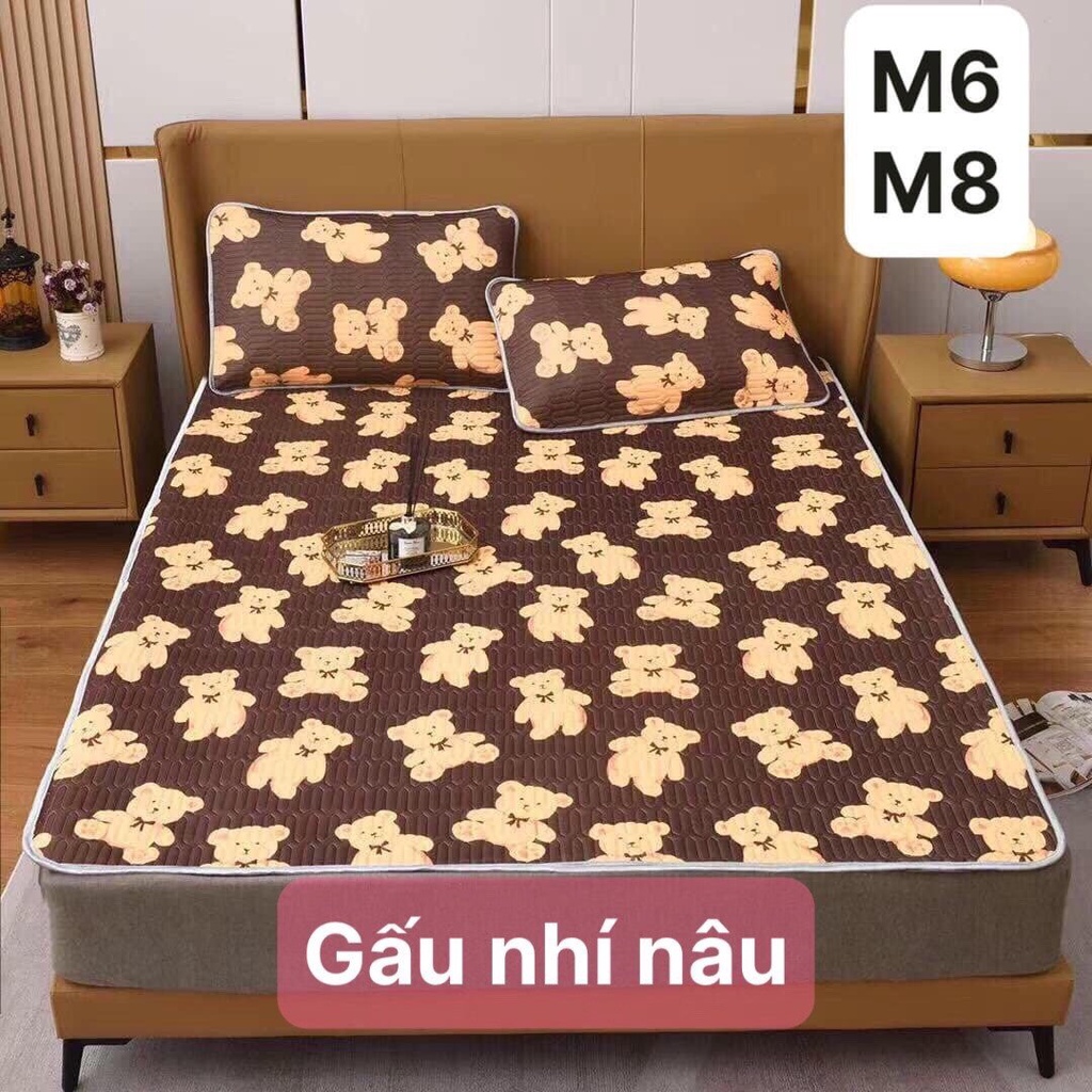 Chiếu điều hòa cao su non 5D Tencel,kích thước m6/m8, gấu nhí nâu