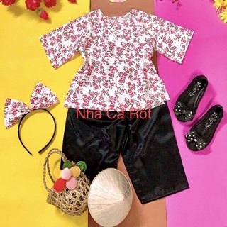 Set bà ba hoa kèm cài nơ hàng may thiét kế cho bé gái